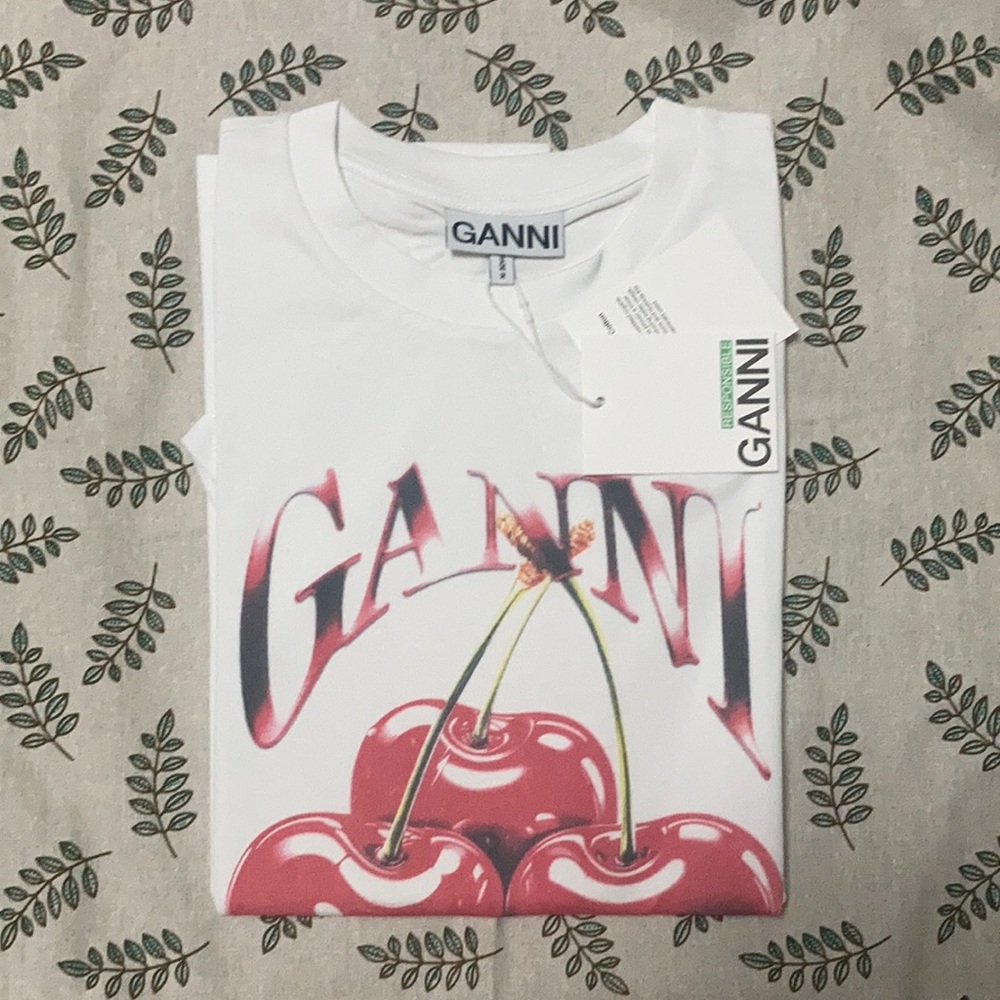 Ganni white Tee with Red cherries NWT